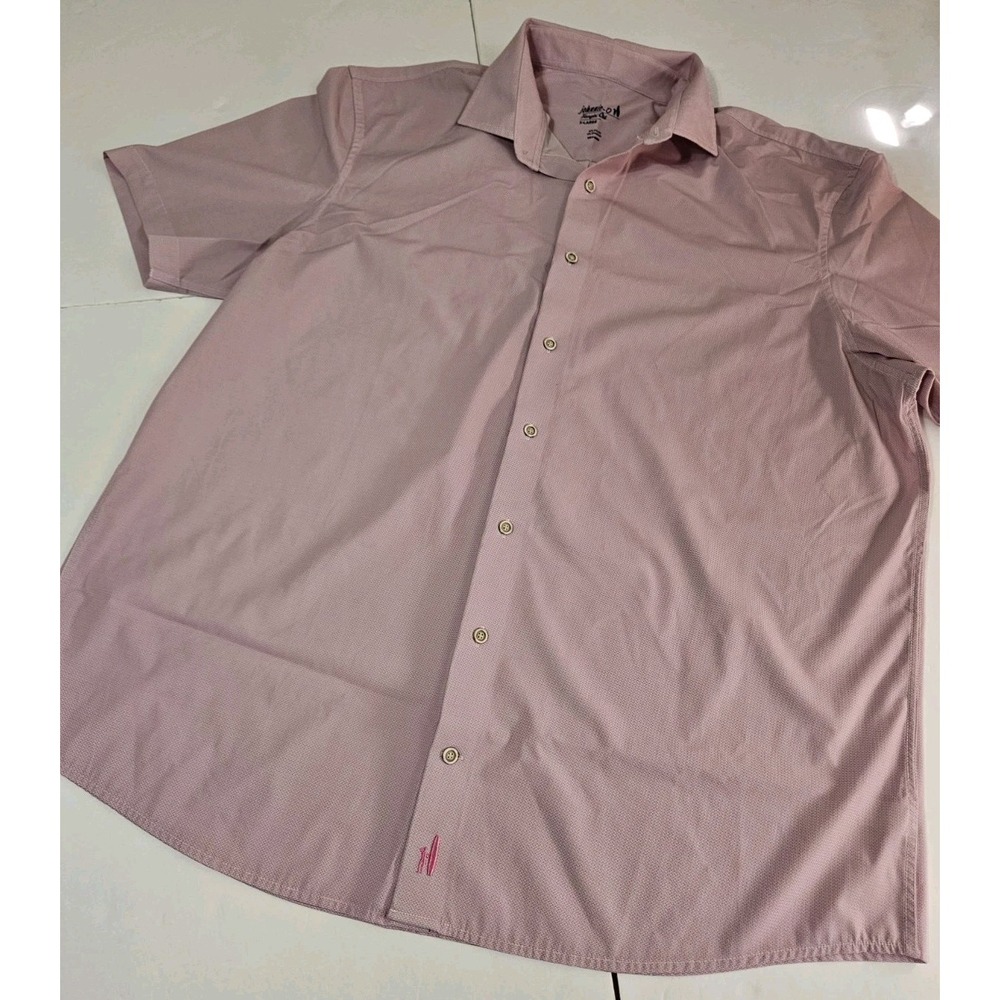 Johnnie-O Men's Pink Microdot Short Sleeve Stretch Dress Shirt Regular Fit XL